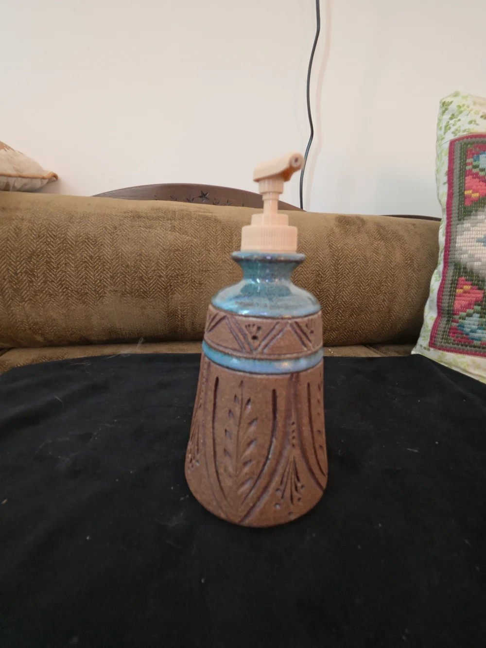Handmade Ceramic Soap Dispenser in Brown and Blue